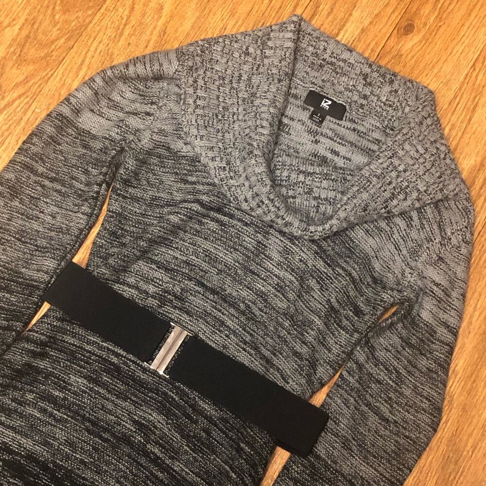 iZ Byer Black Gray Heathered Marled Melange Belted Turtleneck Sweater Dress